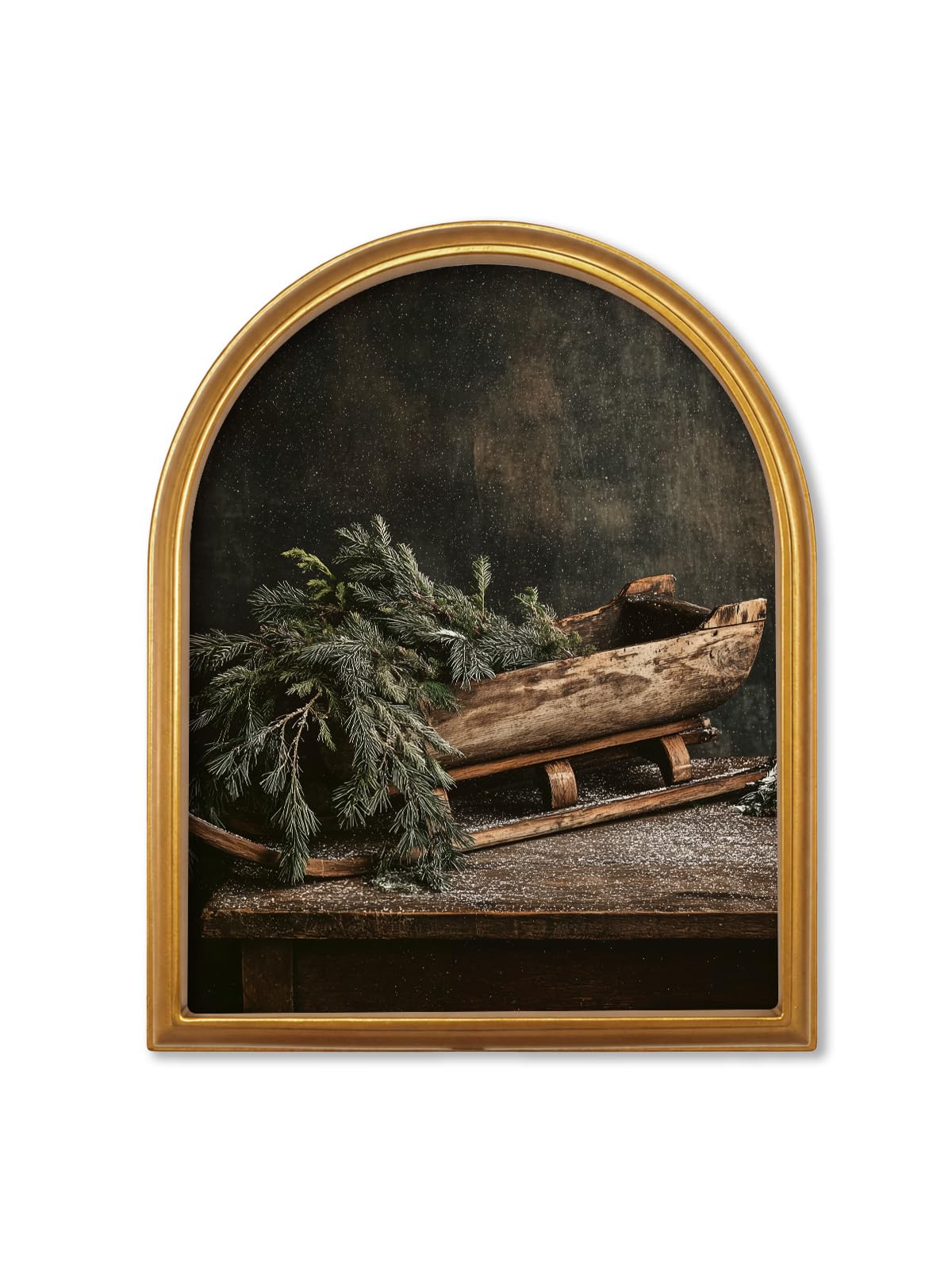 TwoDays Vintage Christmas Tree 11" x 13.8" Gold Arched Framed Wall Art