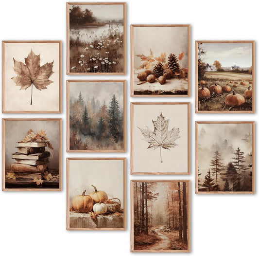 Benjia 10Pcs 8x10 inch Fall Wall Art Prints, Retro Rustic Aesthetic Vintage Autumn Scenery Posters for Living Room Bedroom Thanksgiving Decor (Unframed)