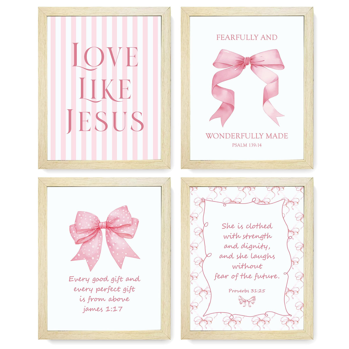 LARTSFRO Coquette Pink Bow Jesus Wall Art Decor Posters, Light Pink Bow Christian Room Bedroom Bathroom Dorm Wall Art Decor Aesthetic for College Teen Girls Gifts, Inspirational Bible Verses Bow Wall Decor, 10x8 Inch Set of 4 Bow Pictures (UNFRAMED)