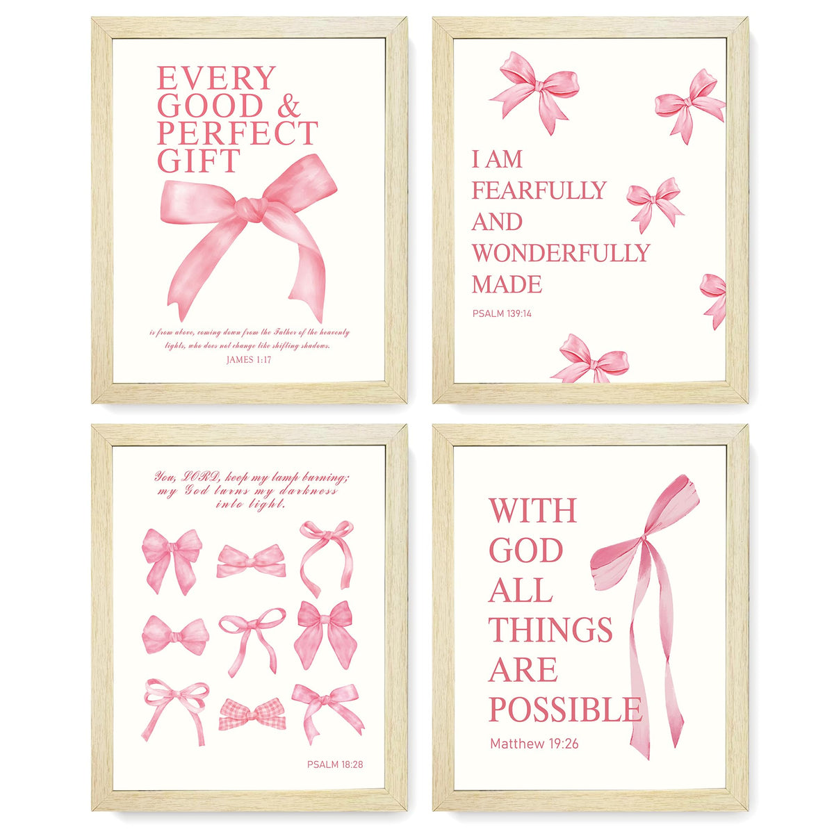LARTSFRO Coquette Pink Bow Christian Wall Art Decor Posters, Pink Bow Christian Bathroom Room Bedroom Dorm Wall Art Decor Aesthetic for College Teen Girls Gifts,Inspirational Bible Verses Bow Wall Decor, 10x8 Inch Set of 4 Bow Pictures(UNFRAMED)