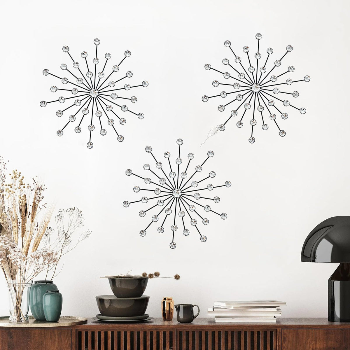 ZEXUIRU 3 Set Silver Starburst Wall Art for Home Decor Metal Bling Crystal Rhinestones Sunburst Wall Decor Sparkling Rhinestone Art Accent Silver - 13in