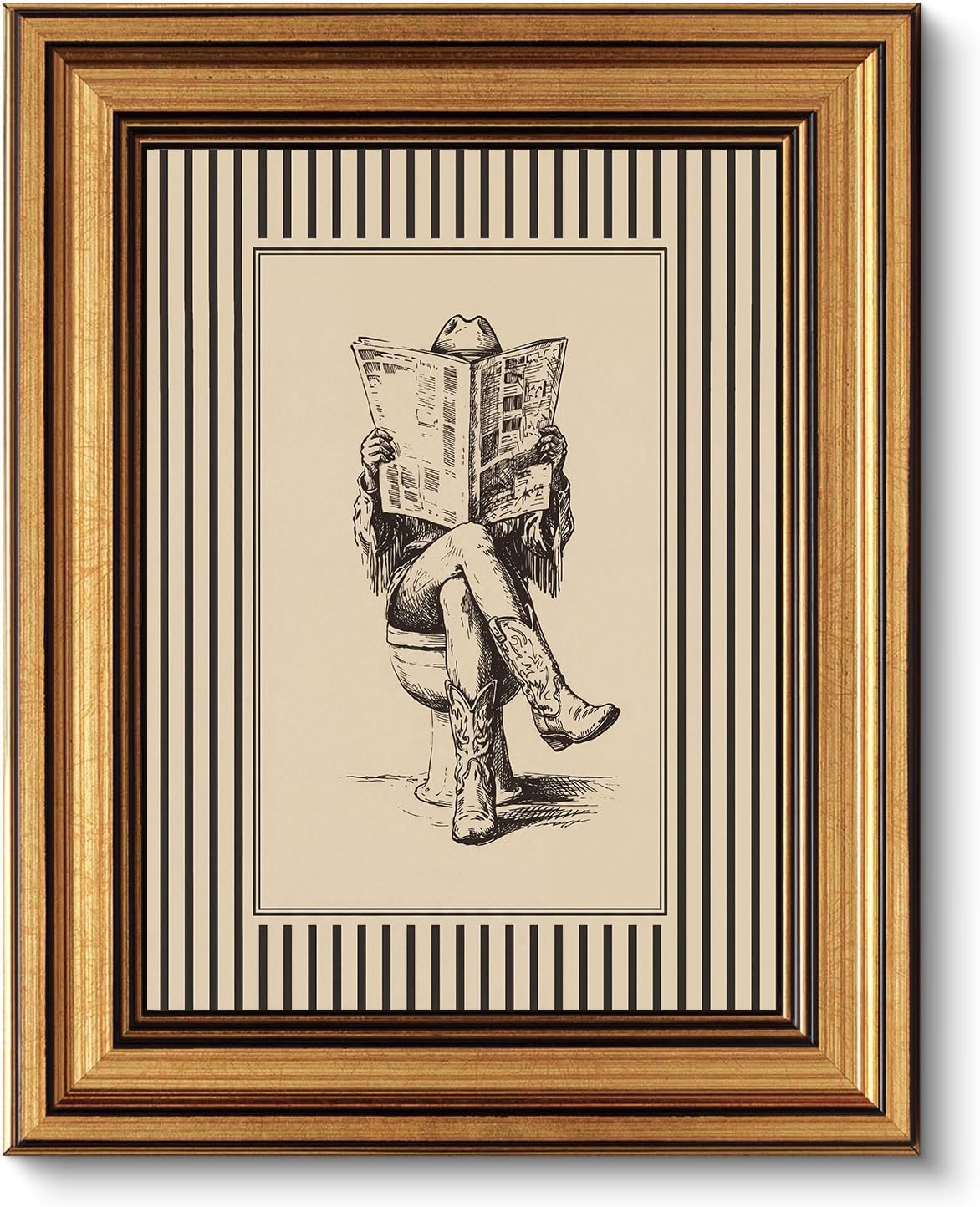 Gold Framed Wall Art, Funny Bathroom Canvas Prints, Text Me If You Run Out Of Toilet Paper Picture Wall Decor, Striped Humorous Decor for Bathroom Toilet Restroom 9x11 inch