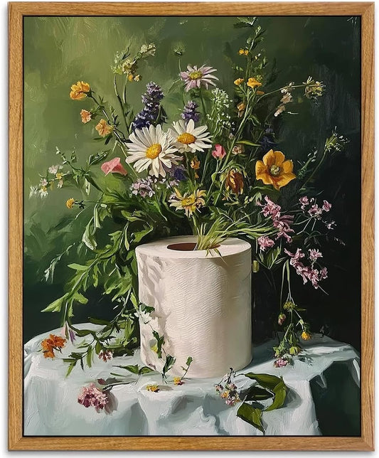 AtterrirArt Framed Funny Bathroom Wall Art, Toilet Paper Picture Painting Print, Vintage Moody Floral Wall Decor, Toilet Canvas Wall Art, Ready To Hang, 12 * 16 Inches