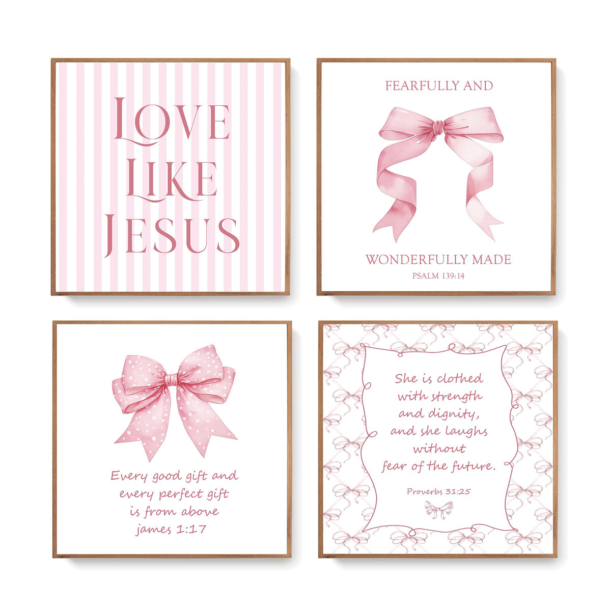 LARTSFRO Coquette Pink Bow Jesus Wall Art Decor Posters, Light Pink Bow Christian Room Bedroom Bathroom Dorm Wall Art Decor Aesthetic for College Teen Girls Gifts, Inspirational Bible Verses Bow Wall Decor, 10x8 Inch Set of 4 Bow Pictures (UNFRAMED)
