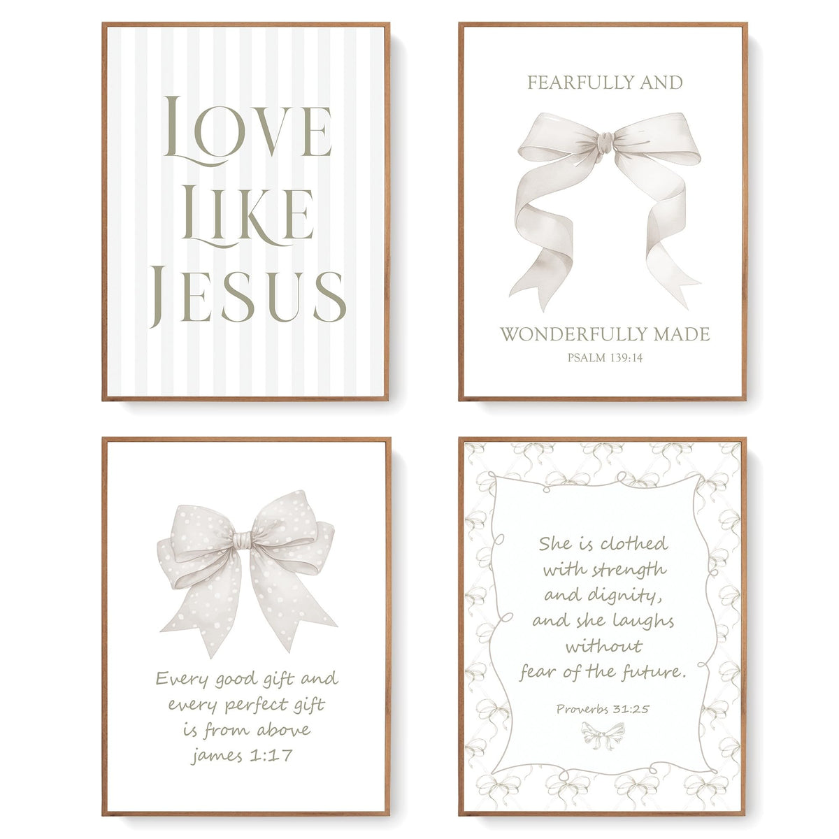 LARTSFRO Coquette Pink Bow Jesus Wall Art Decor Posters, Light Pink Bow Christian Room Bedroom Bathroom Dorm Wall Art Decor Aesthetic for College Teen Girls Gifts, Inspirational Bible Verses Bow Wall Decor, 10x8 Inch Set of 4 Bow Pictures (UNFRAMED)