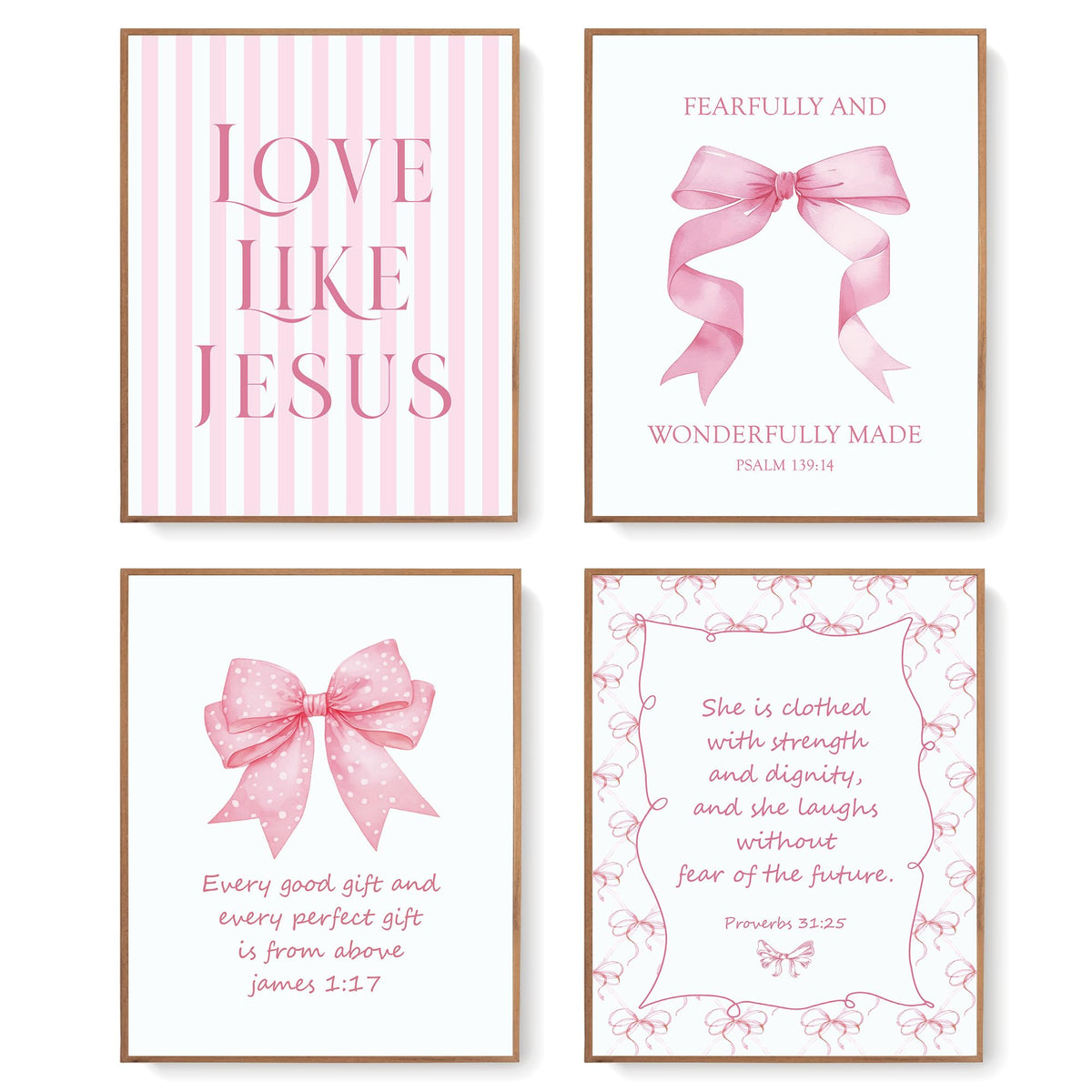 LARTSFRO Coquette Pink Bow Jesus Wall Art Decor Posters, Light Pink Bow Christian Room Bedroom Bathroom Dorm Wall Art Decor Aesthetic for College Teen Girls Gifts, Inspirational Bible Verses Bow Wall Decor, 10x8 Inch Set of 4 Bow Pictures (UNFRAMED)