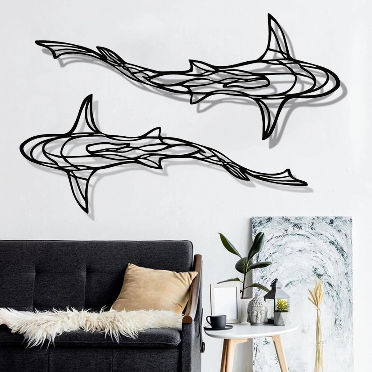 GDSPD Large 3D Metal Shark Wall Decor, Shark Line Wall Art, Metal Wall Art Decor, Metal Shark Sculpture, Ocean Fish Wall Hanging Shark Metal Wall Decor Art Wall Decorations for Living Room Bedroom (2 Pcs (Black))