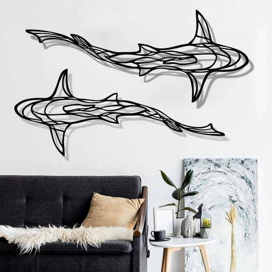 GDSPD Large 3D Metal Shark Wall Decor, Shark Line Wall Art, Metal Wall Art Decor, Metal Shark Sculpture, Ocean Fish Wall Hanging Shark Metal Wall Decor Art Wall Decorations for Living Room Bedroom (2 Pcs (Black))