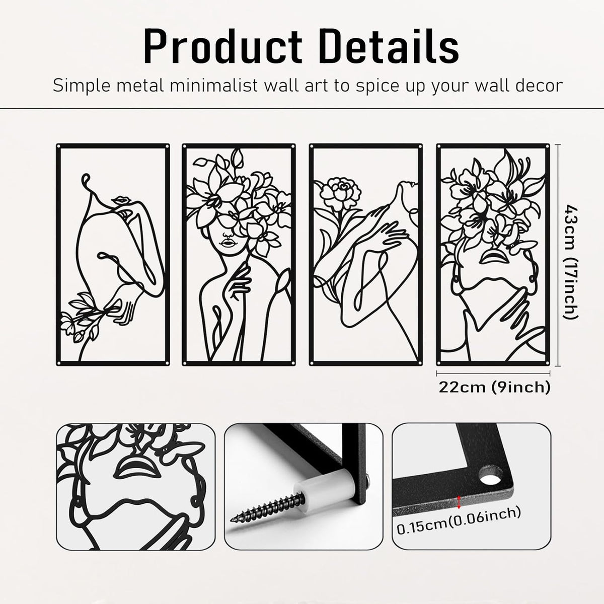 Black Metal Abstract Wall Art, Minimalist Woman Flower Bathroom Wall Decor
