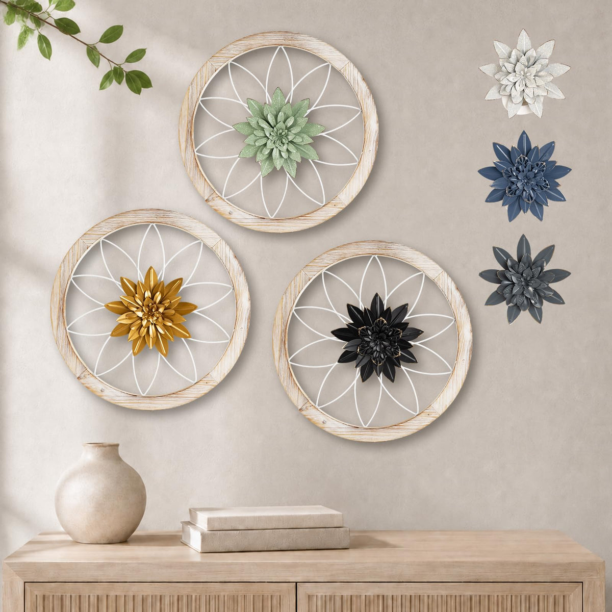 Paquesta 3 Piece Round Farmhouse Wall Decor with 6 Piece Interchangeable Flowers 12'' Medallion Wood & Metal Rustic Wall Art for Living Room Bedroom Kitchen Bathroom Dining Room Home Decorations