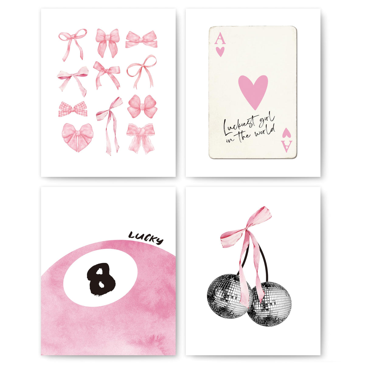 okaxscm Pink Coquette Trendy Preppy Wall Art Prints Set of 4, Coquette Room Decor, Preppy Room Decor Aesthetic, Pink Bow Disco 8 Ball Cherry Wall Decor Posters for Girls Bedroom Dorm, 8x10 Unframed