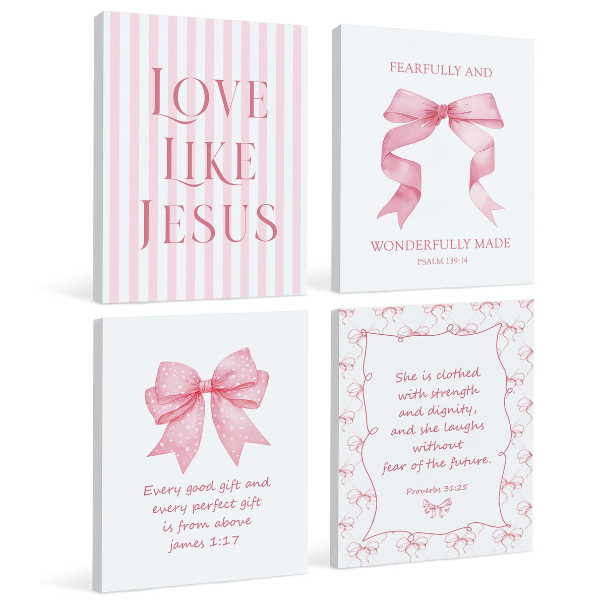 LARTSFRO Coquette Pink Bow Jesus Wall Art Decor Posters, Light Pink Bow Christian Room Bedroom Bathroom Dorm Wall Art Decor Aesthetic for College Teen Girls Gifts, Inspirational Bible Verses Bow Wall Decor, 10x8 Inch Set of 4 Bow Pictures (UNFRAMED)