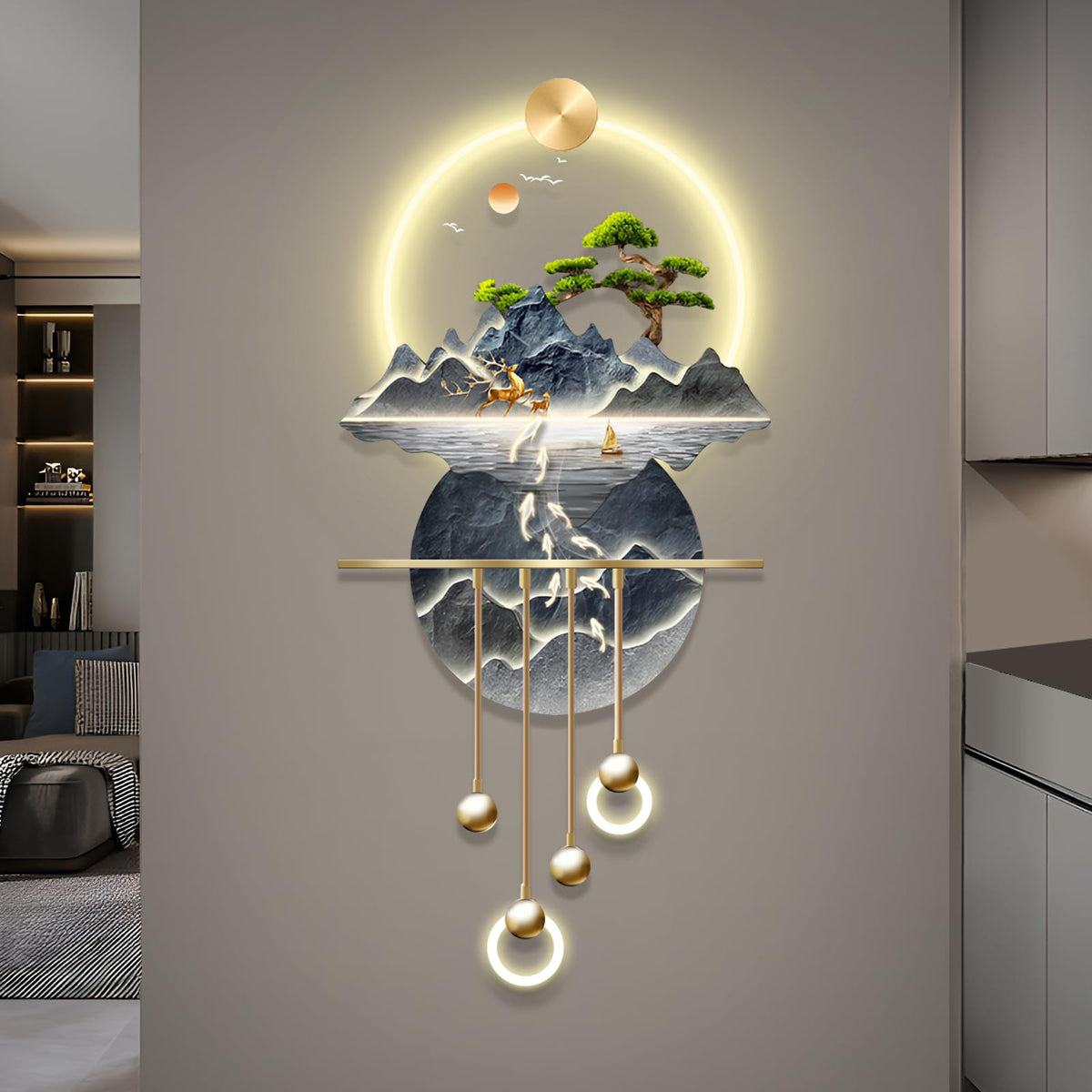 LED Light Art Wall Decor, Modern Home Decor Wall Sculpture with Lights, Walls Art Decorations Lamp, Walls Arts Decors Sculptures Large, Plug-in Power Supply, Gold C, 23x53IN