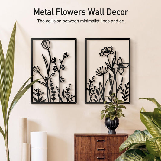 Black Metal Botanical Wall Art, Boho Farmhouse Flower Bathroom Wall Decor