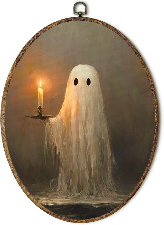 Yorhifa Halloween Ghost Framed Wall Art, Dark Academia Ghost Holding Candle Oval Wall Art, Spooky Halloween Oval Walls Decor, Vintage Gothic Canvas Artwork Hanging Decor, 8.5x11.5in