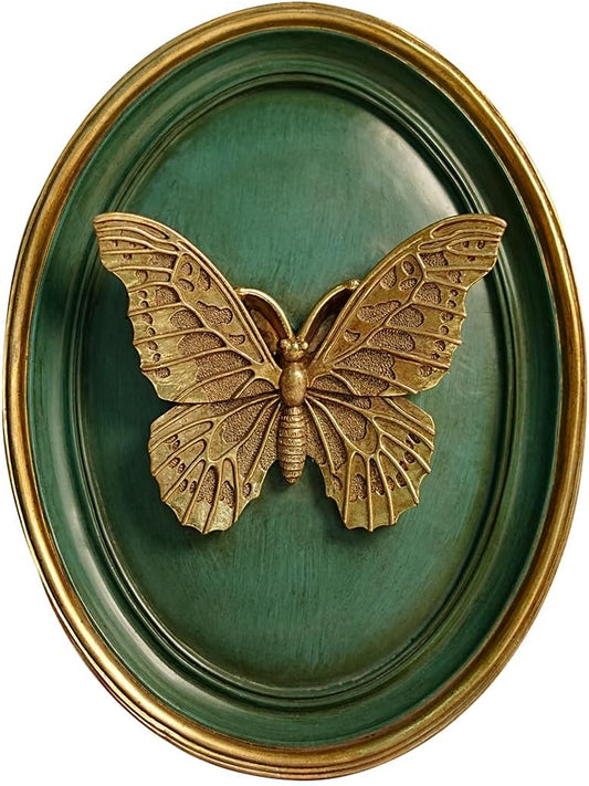 BILXIM Vintage Wall Sculpture, Ornate Green and Gold Butterfly Relief Oval Wall Art, French Country Resin Decorative Plaque for Living Room Bedroom Gallery Wall Decor