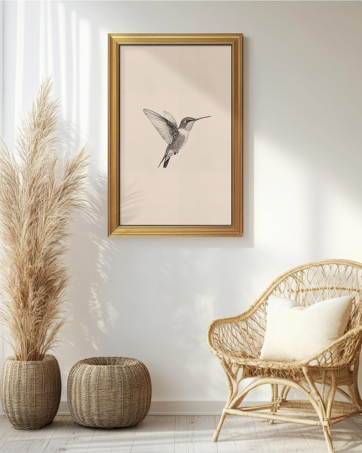 VIYYIEA Vintage Gold Framed Wall Art – Hummingbird Sketch, 8x10 IN