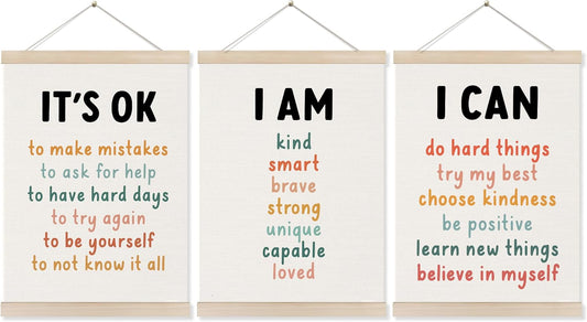 Koesus Inspirational Classroom Wall Art Poster Hanger Frame 12x16 Inch Set of 3, Positive Affirmations for Kids, Motivational Canvas Pictures Prints Framed Wall Decor for Classroom Kids Room Playroom