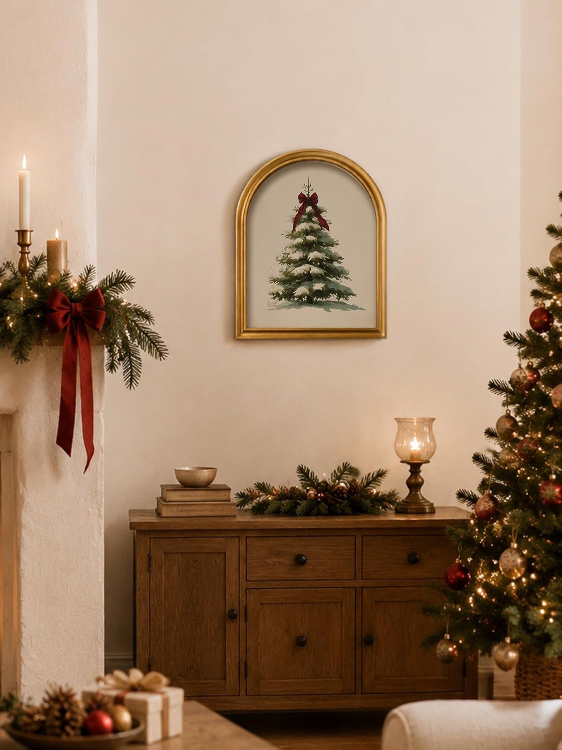 TwoDays Vintage Christmas Tree 11" x 13.8" Gold Arched Framed Wall Art