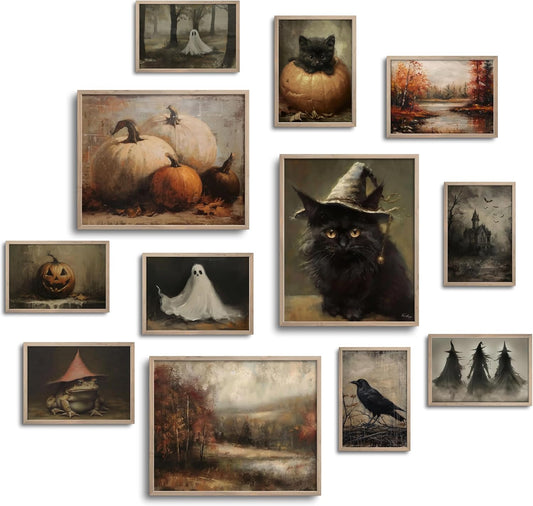 TwoDays Vintage Halloween Room Decor, Horror Spooky Painting Gallery Wall Art, Fall Aesthetic Boo Posters, Witch Ghosts Black Cat Pumpkin Prints (Multi Sizes, 8" X 10" Largest, Set of 12) (Unframed)