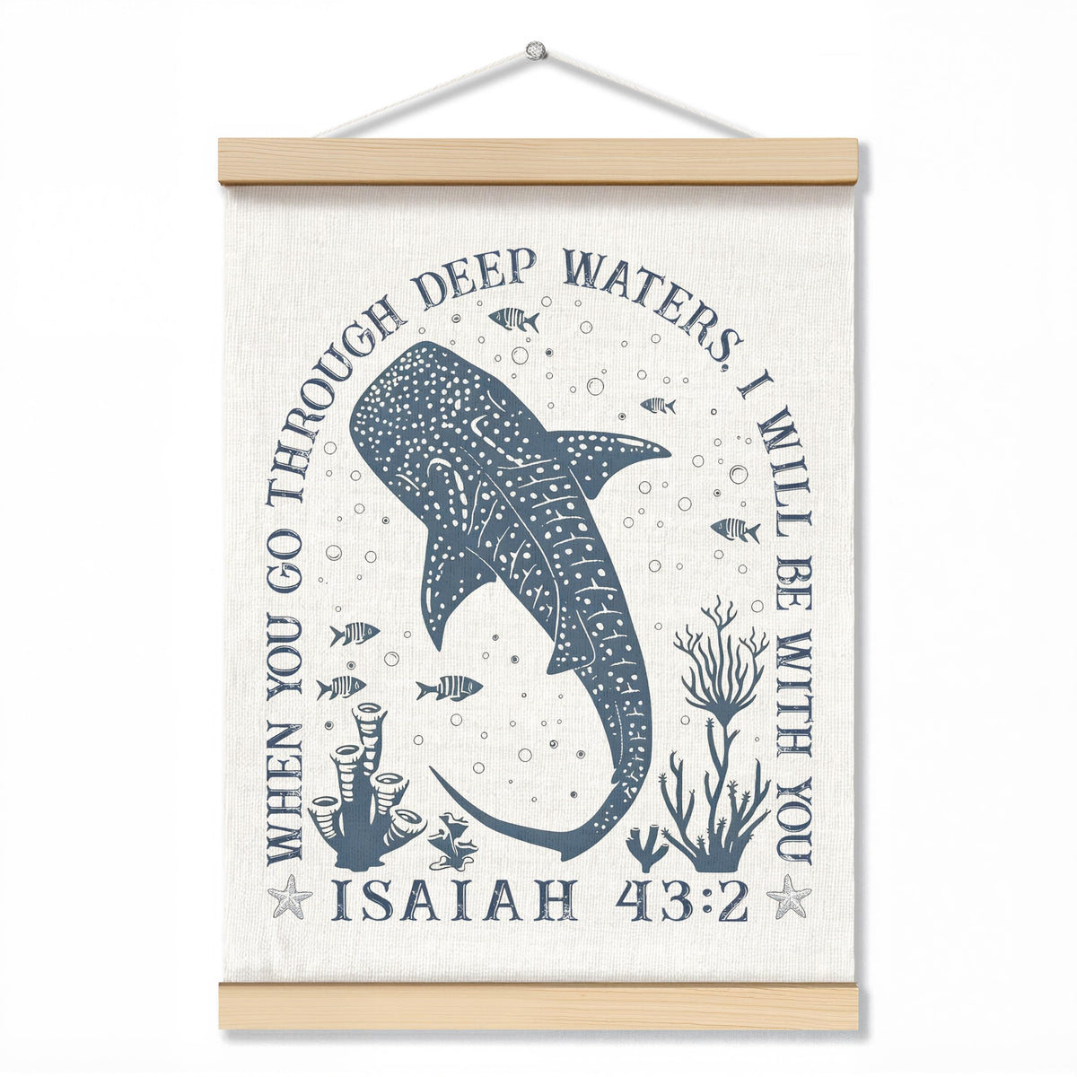 ZNGFON Trendy Whale Shark Christian Wall Decor, When You Go Through Deep Waters I Will Be With You Isaiah 43:2 Wall Art Poster with Wooden Frame, Blue Bible Verse Wall Hanging Home Decor, 12x16 Inch