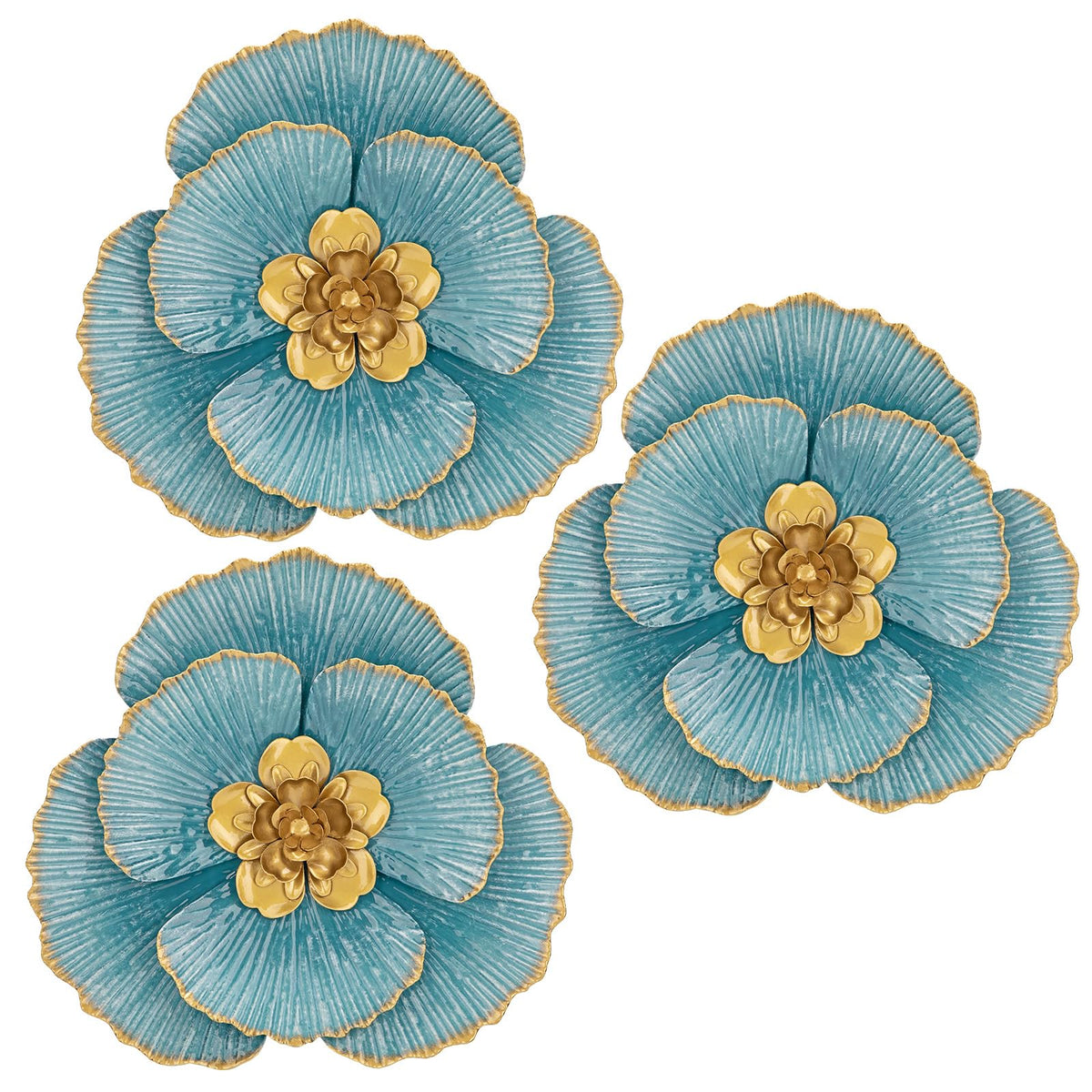 DILATATA 3 Pcs Metal Flower Wall Art Set 10 Inch Rustic Modern Floral Sculpture 3D Metal Flower Wall Hanging Accent for Indoor Living Room Bedroom Kitchen Bathroom Garden Patio Decor - Gold
