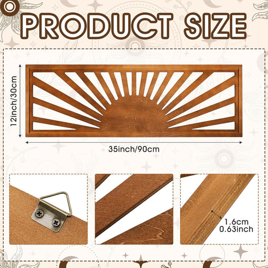 Burbell Horizontal Sun Wall Art, Boho Wooden Room Decor, 35"x12" Dark Brown