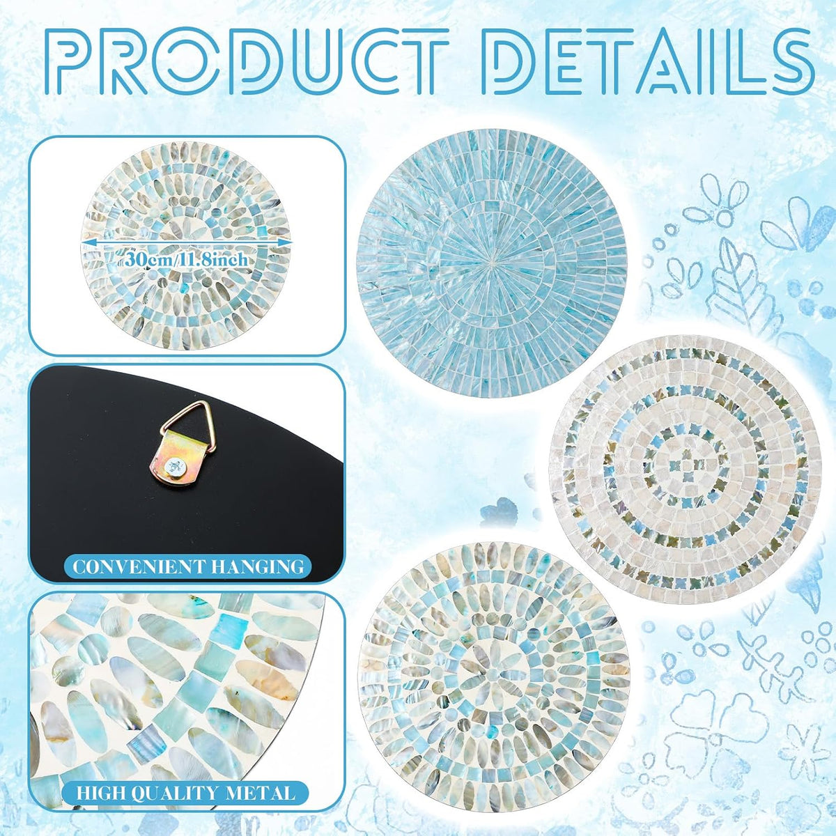 Tioncy 3 Pcs 11.8'' Blue Mother of Pearl Shell Plate Coastal Wall Art