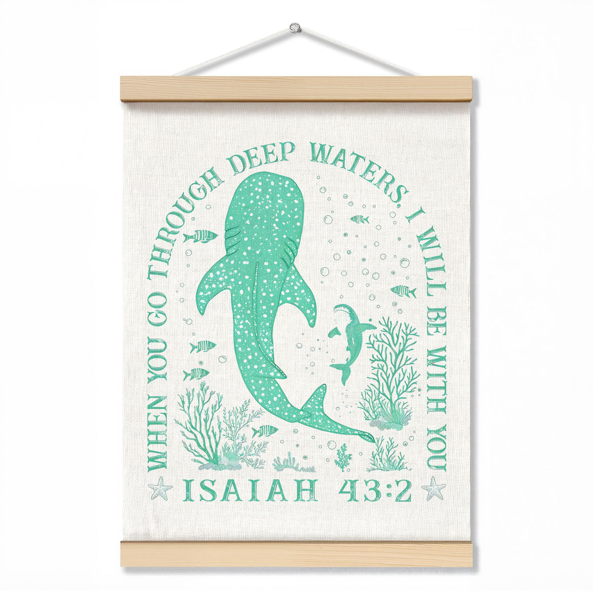 ZNGFON Trendy Whale Shark Christian Wall Decor, When You Go Through Deep Waters I Will Be With You Isaiah 43:2 Wall Art Poster with Wooden Frame, Blue Bible Verse Wall Hanging Home Decor, 12x16 Inch