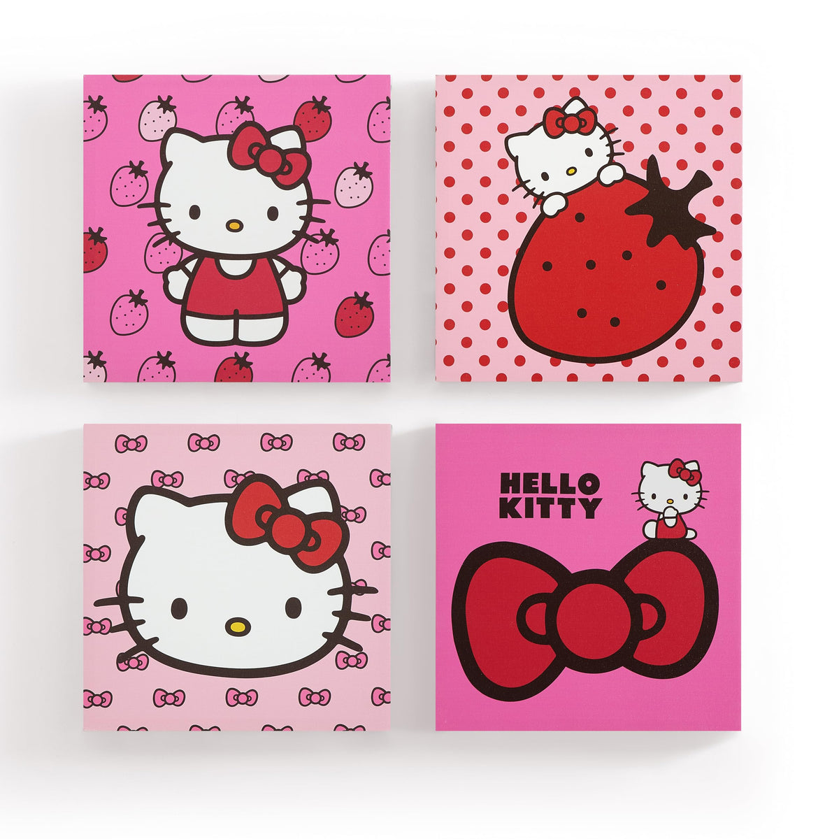 Sanrio Hello Kitty Strawberry and Bow Canvas Wall Art 4 Piece Set for Room Décor,12"x12"