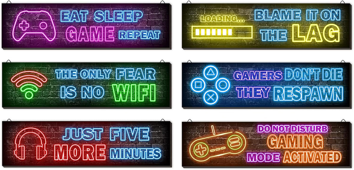 4 Pcs Printed Neon Gaming Posters, Teen Boys Room Decorations, gamer wall art Decor for bedroom Wooden