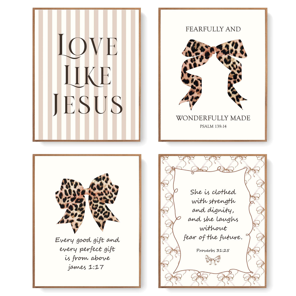 LARTSFRO Coquette Pink Bow Jesus Wall Art Decor Posters, Light Pink Bow Christian Room Bedroom Bathroom Dorm Wall Art Decor Aesthetic for College Teen Girls Gifts, Inspirational Bible Verses Bow Wall Decor, 10x8 Inch Set of 4 Bow Pictures (UNFRAMED)