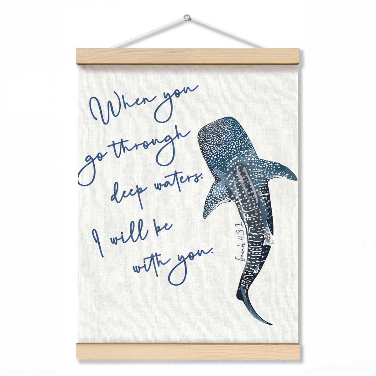 ZNGFON Trendy Whale Shark Christian Wall Decor, When You Go Through Deep Waters I Will Be With You Isaiah 43:2 Wall Art Poster with Wooden Frame, Blue Bible Verse Wall Hanging Home Decor, 12x16 Inch