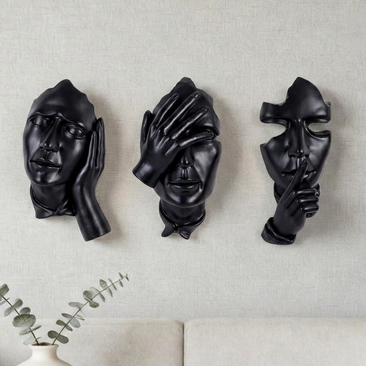 orenm 3-Piece Abstract Face Wall Sculptures, Resin Modern Art Wall Decor for Men Bedroom, Living Room, Office, Studio & Entertainment Center (Gold & black)