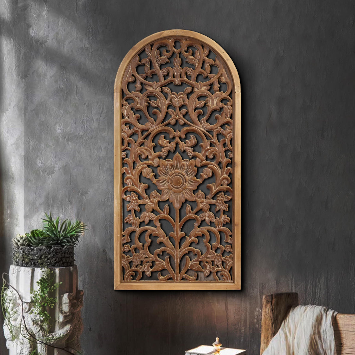 WREVERW Rustic Boho Arched Wood Wall Art, Hand-Carved Floral Pane