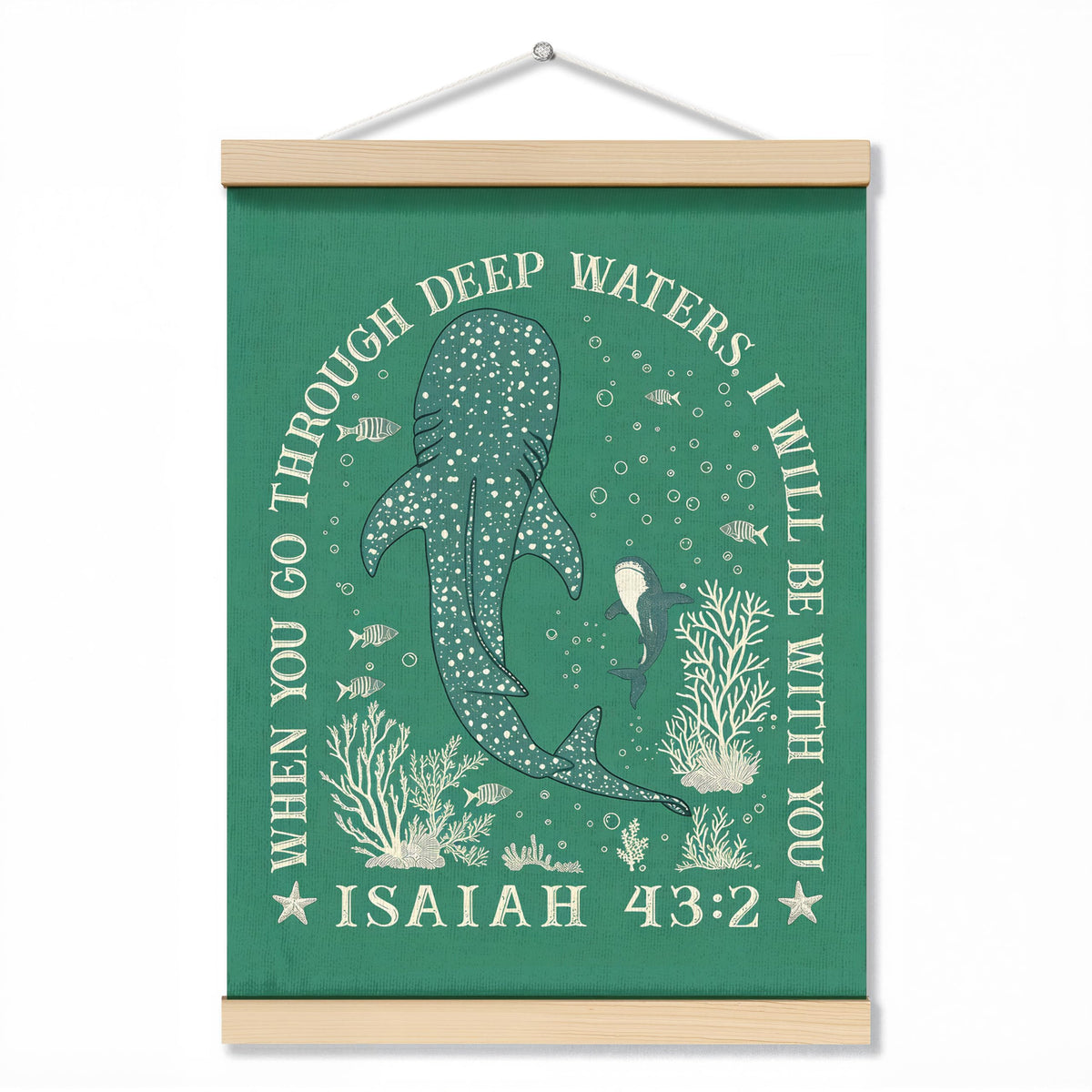 ZNGFON Trendy Whale Shark Christian Wall Decor, When You Go Through Deep Waters I Will Be With You Isaiah 43:2 Wall Art Poster with Wooden Frame, Blue Bible Verse Wall Hanging Home Decor, 12x16 Inch