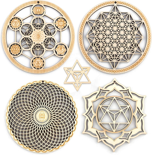 Qallicon 5.31" Sacred Geometry Wall Art 4 PCS Set, (Metatron Cube, 64 Tetrahedron, Torus, Merkaba) Crystal Grid Meditation Chakra Wooden Wall Art Yoga Decor Spiritual Gifts