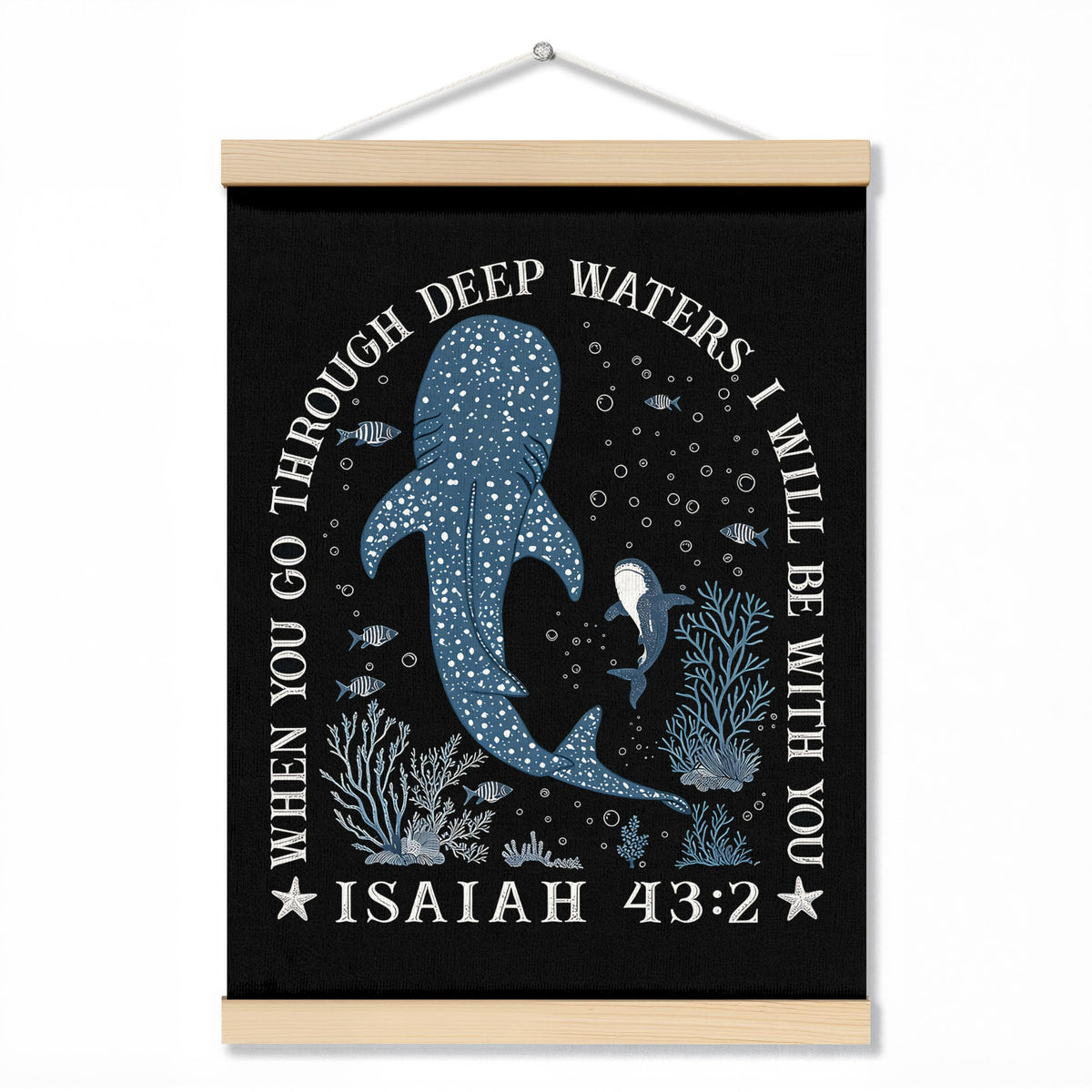 ZNGFON Trendy Whale Shark Christian Wall Decor, When You Go Through Deep Waters I Will Be With You Isaiah 43:2 Wall Art Poster with Wooden Frame, Blue Bible Verse Wall Hanging Home Decor, 12x16 Inch