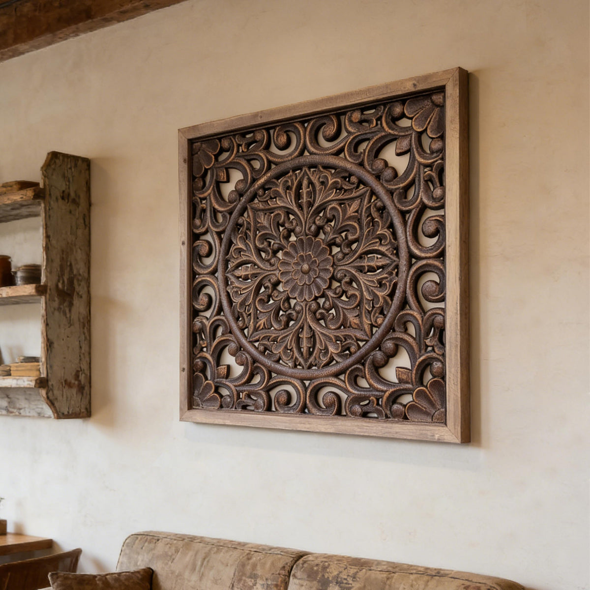 XIAOAIKA Boho Carved Wood Wall Art Panel, Floral Mandala, Distressed White