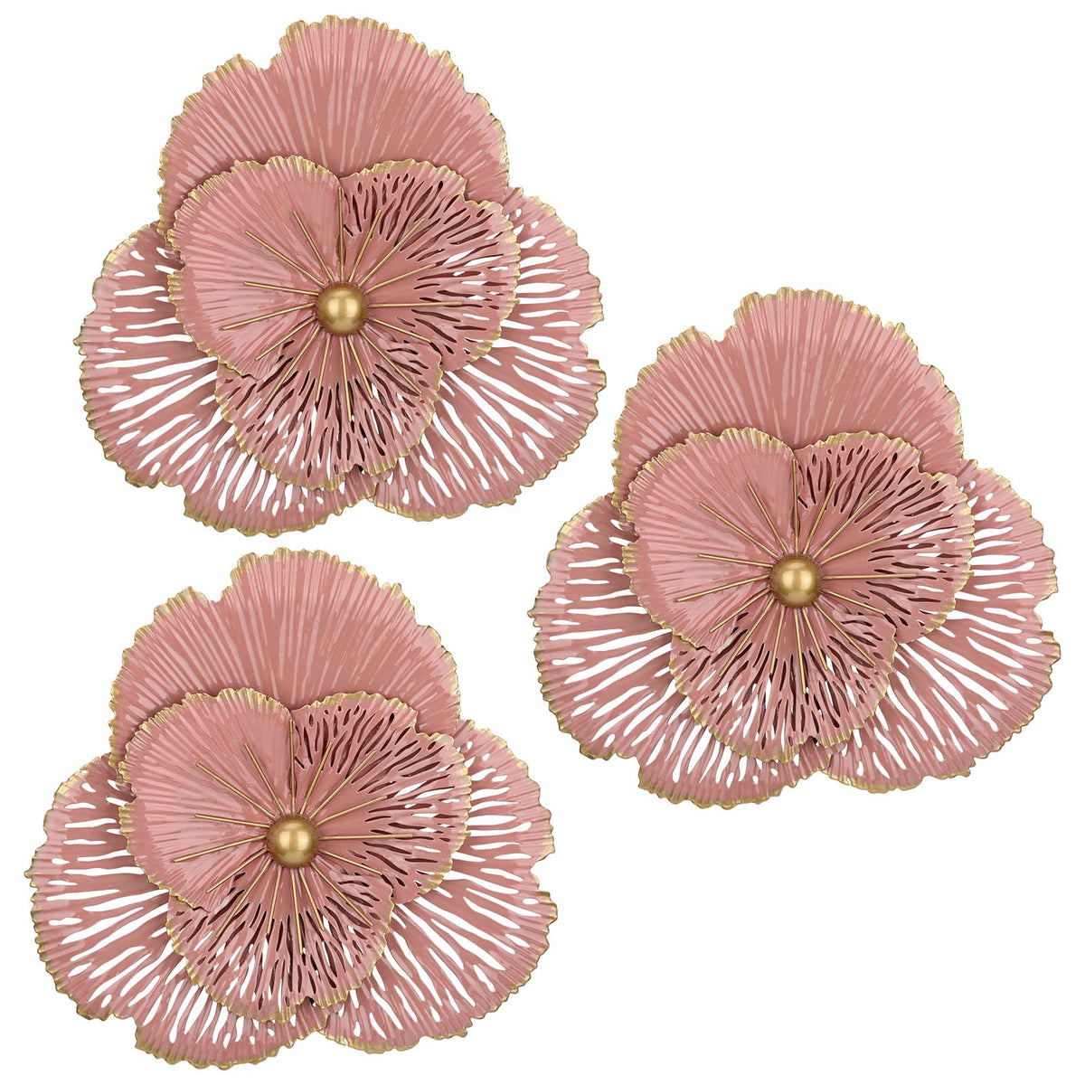 DILATATA 3 Pcs Metal Flower Wall Art Set 10 Inch Rustic Modern Floral Sculpture 3D Metal Flower Wall Hanging Accent for Indoor Living Room Bedroom Kitchen Bathroom Garden Patio Decor - Gold