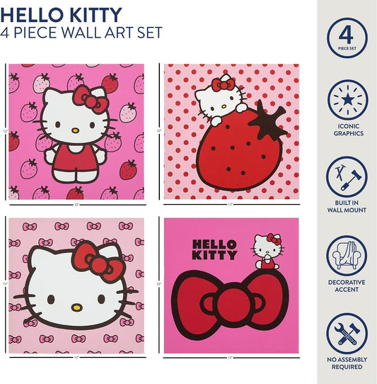 Sanrio Hello Kitty Strawberry and Bow Canvas Wall Art 4 Piece Set for Room Décor,12"x12"