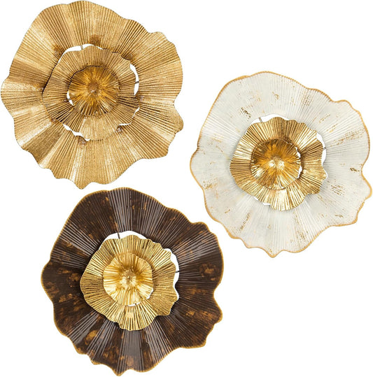 Briful 12" Gold Wall Décor Pack of 3 Metal Flower Plate Wall Art Modern Accent Hanging Wall Decorations For Home Office Bedroom Or Living Room Wall Sculptures