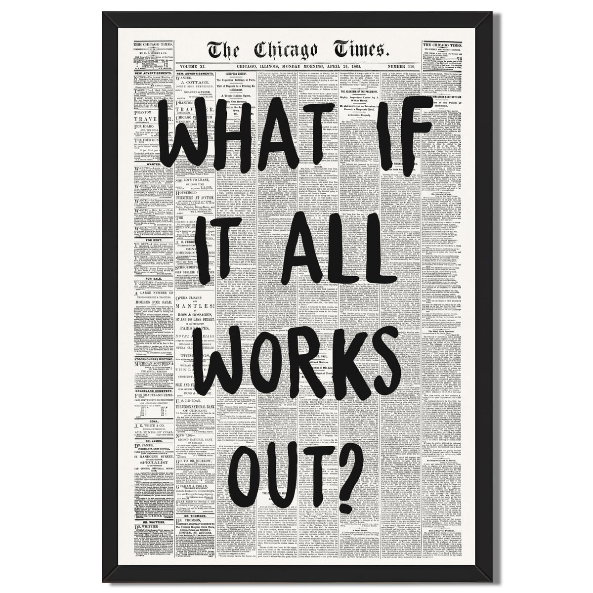 Framed Black And White Retro Newspaper Wall Art Motivational Office Decor