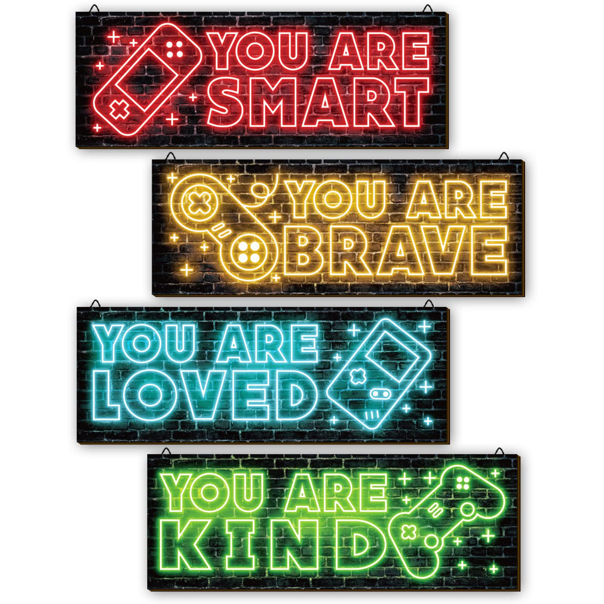 YLOLUL 4pcs Neon Game Art Prints, Wood Wall Art Decor for Boys Room, Gamer Decorations, Inspirational Quote Wall Decor, Modern Home Decor, 12 x 4 Inch, Red