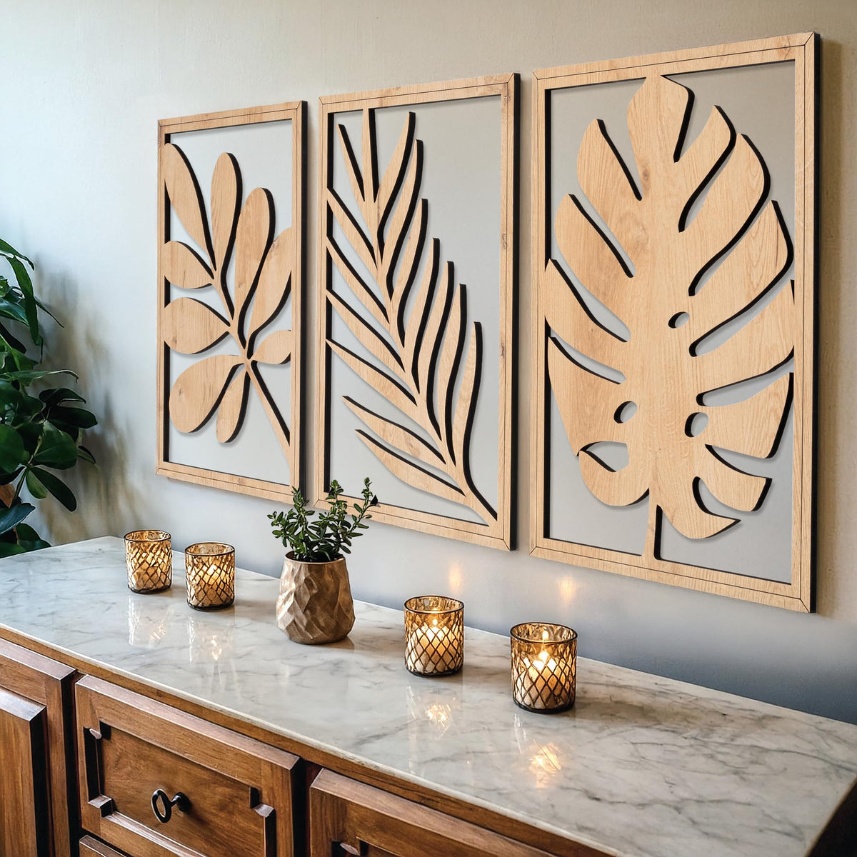 qmmp Modern Wooden Wall Sculptures - Set of 3 - Home Decor Accent - Large Wall Art for Living Room, Bedroom, Office - Easy Installation (Walnut, Medium - Tree Leaves)