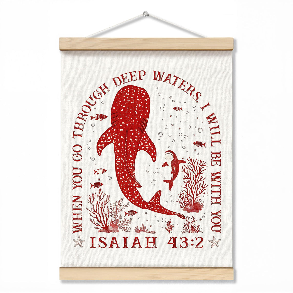 ZNGFON Trendy Whale Shark Christian Wall Decor, When You Go Through Deep Waters I Will Be With You Isaiah 43:2 Wall Art Poster with Wooden Frame, Blue Bible Verse Wall Hanging Home Decor, 12x16 Inch