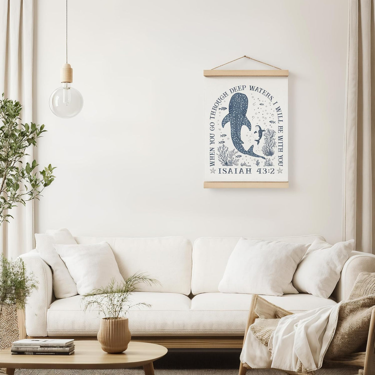 ZNGFON Trendy Whale Shark Christian Wall Decor, When You Go Through Deep Waters I Will Be With You Isaiah 43:2 Wall Art Poster with Wooden Frame, Blue Bible Verse Wall Hanging Home Decor, 12x16 Inch