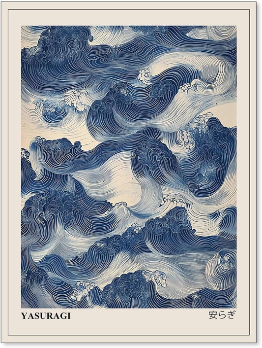 rumlud Japanese Blue Waves Wall Art Vintage Oriental Japandi Wabi Sabi Poster Abstract Giant Waves Canvas Prints for Minimalist Living Room Wall Decor 12X16 inch Unframed