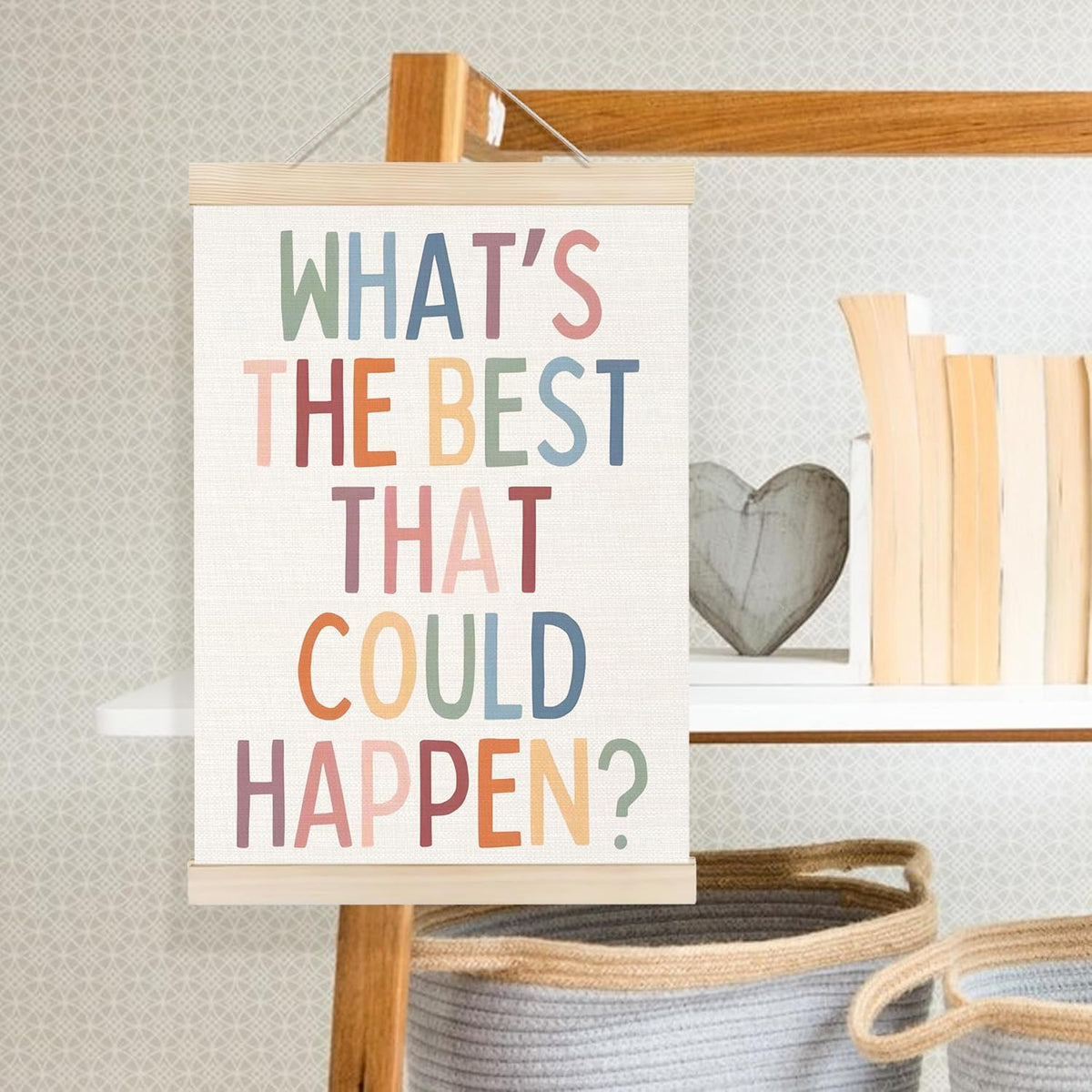 Welshower Boho Motivational Positive Poster Hanger Frame, What's the Best That Could Happen Positive Affirmations Wall Art Prints Decor for Living Room Bedroom Home Office Framed, 12x16 Inch
