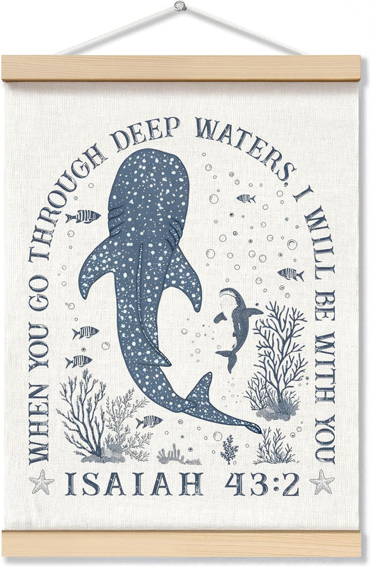 ZNGFON Trendy Whale Shark Christian Wall Decor, When You Go Through Deep Waters I Will Be With You Isaiah 43:2 Wall Art Poster with Wooden Frame, Blue Bible Verse Wall Hanging Home Decor, 12x16 Inch